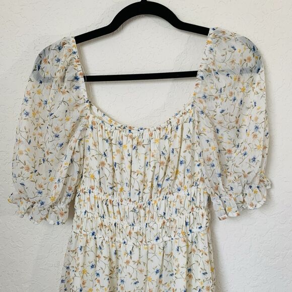 Blue Rain Dress Women S Beige Ditsy Floral Mini Puff Cottagecore Peasant Boho - Picture 2 of 12